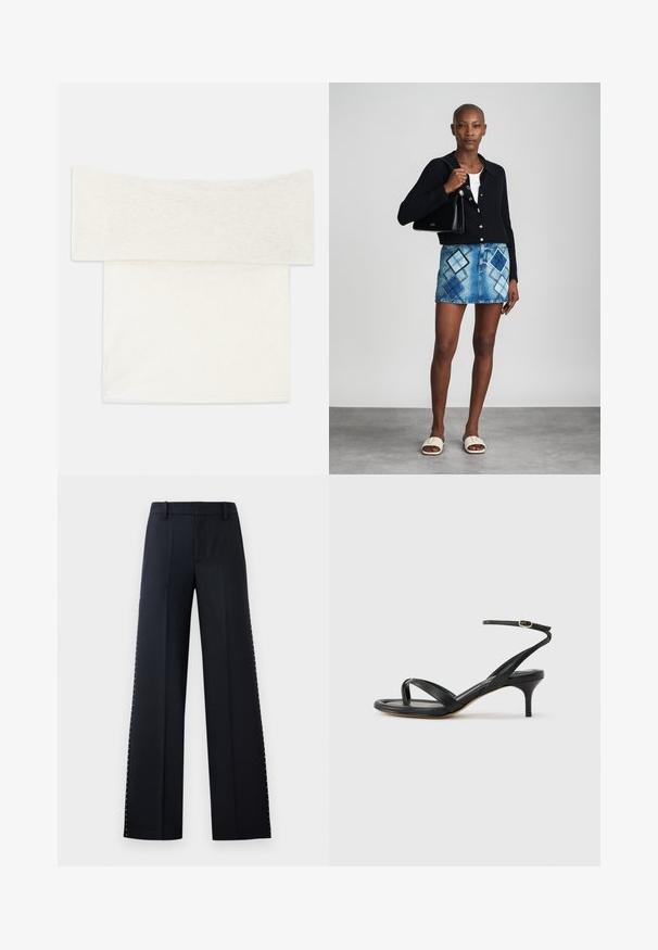 Top off-the-shoulder en un suave tejido de punto blanco, con un escote amplio y un corte recto. Textura lisa con detalles de diseño mínimos.; Pantalones de pierna ancha en negro. Corte entallado con una textura suave. Presenta una fila de remaches metálicos a lo largo de las costuras laterales como detalle.; Sandalia negra de cuero para mujer con tiras finas, un lazo para el dedo del pie, hebilla en el tobillo y tacón de aguja de altura media sobre un fondo neutro.; Cárdigan negro de punto, blusa blanca, falda de mezclilla con patrón de diamantes en azul y negro, bolso negro y sandalias deslizantes beige.