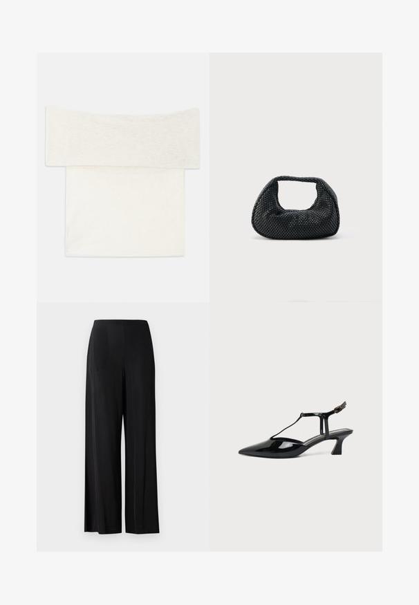 Top off-the-shoulder en un suave tejido de punto blanco, con un escote amplio y un corte recto. Textura lisa con detalles de diseño mínimos.; Pantalones negros de pierna ancha, fabricados en tela suave, con una cintura alta y sin bolsillos ni elementos metálicos visibles. Diseño hasta el suelo.; Zapato slingback de cuero charol negro con punta fina, tira en T y tacón bajo en bloque inclinado sobre fondo blanco.; Bolso hobo tejido negro con estructura suave y asa integrada, exhibido sobre un fondo liso y claro.