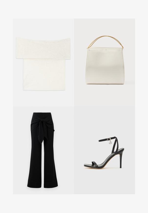 Off-shoulder top i et blødt hvidt strikstof, der har en bred halsudskæring og en lige pasform. Glat tekstur med minimale designdetaljer.; Sorte vide benbukser med taljebånd. Fremstillet af blødt stof med en glat overflade og rene linjer. Nederkanten er let udvidet.; Sort hæl-sandal med smal ankrem, firkantet tå-boks, glat lædermateriale og metalspænde som pynt.; Struktureret taske i satinfinish, cremefarvet, med en kæde til skulderrem. Har en flad, glat tekstur og rene syninger.