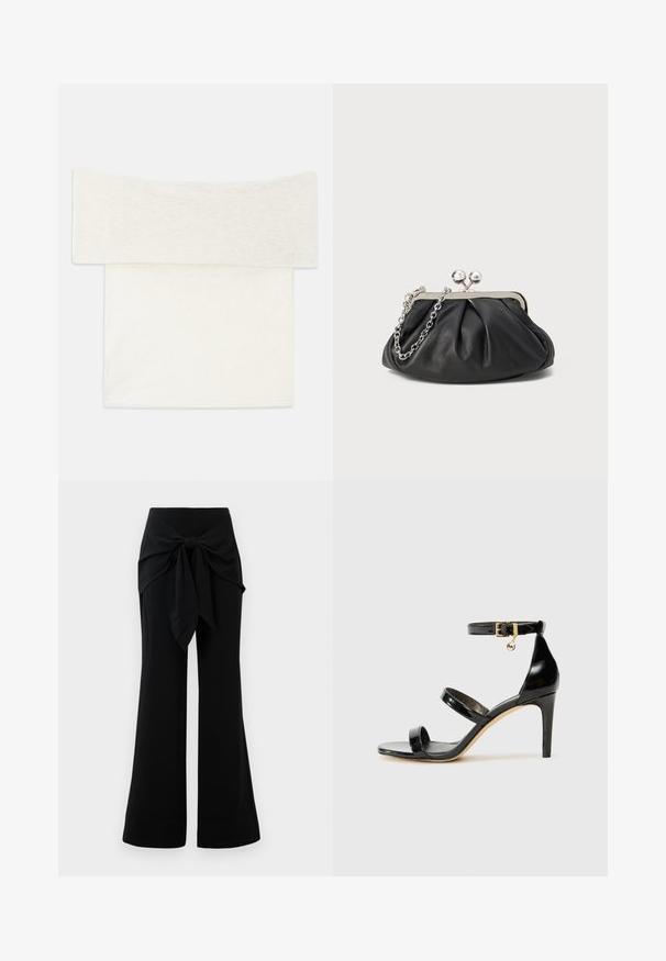 Schulterfreies Oberteil aus einem weichen, weißen Strickstoff, mit weitem Ausschnitt und geradem Schnitt. Sanfte Textur mit minimalen Designdetails.; Schwarze weit geschnittene Hosen mit einem Taillenknoten-Detail. Hergestellt aus weichem Stoff, der eine glatte Textur und klare Linien aufweist. Der Saum ist leicht ausgestellt.; Schwarze Lackleder-Sandale mit drei Riemen, Knöchelriemen und 10 cm hohen Stiletto-Absatz. Verfügt über goldfarbene Hardware-Details und ein Logo-Charm.; Schwarze Leder-Clutch mit geraffter Textur, silberfarbener Metallrahmen, Druckverschluss und Kettenriemen. Glatte, weiche Oberfläche.