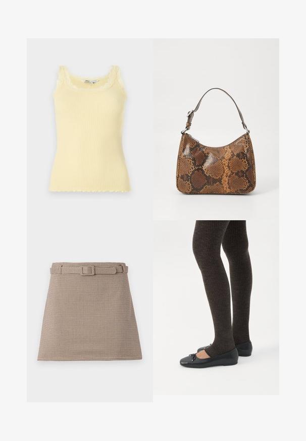 Débardeur jaune à côtes, sans manches, avec un décolleté et un ourlet en dentelle festonnée. Texture douce, design ajusté et matériau léger.; Shorts à motif pied-de-coq marron et beige avec une taille ceinturée, des lignes épurées, une structure ajustée et une texture de tissu lisse.; Jambes portant des leggings côtelés foncés associés à des ballerines noires avec de petits détails en nœud sur fond blanc.; Petit sac à main avec un motif en peau de serpent marron et noir, courroie courte et ajustable, et fermeture éclair.