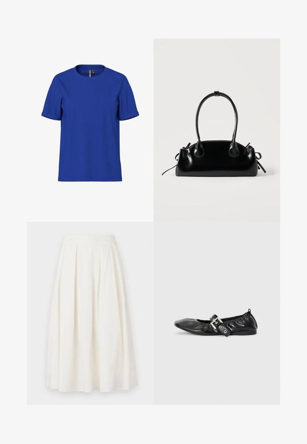 Camiseta lisa de color azul real con mangas cortas, dobladillo en las mangas y cuello redondo, mostrada sobre un fondo blanco.; Falda blanca plisada de algodón, con un diseño de longitud media, una cinturilla suave y una silueta en A.; Zapato plano de piel negra con puntera afilada, detalle fruncido alrededor de la abertura y un acento de hebilla plateada en la correa ajustable.; Pequeño bolso negro brillante con dos asas largas y detalles de cordón lateral sobre un fondo claro liso.