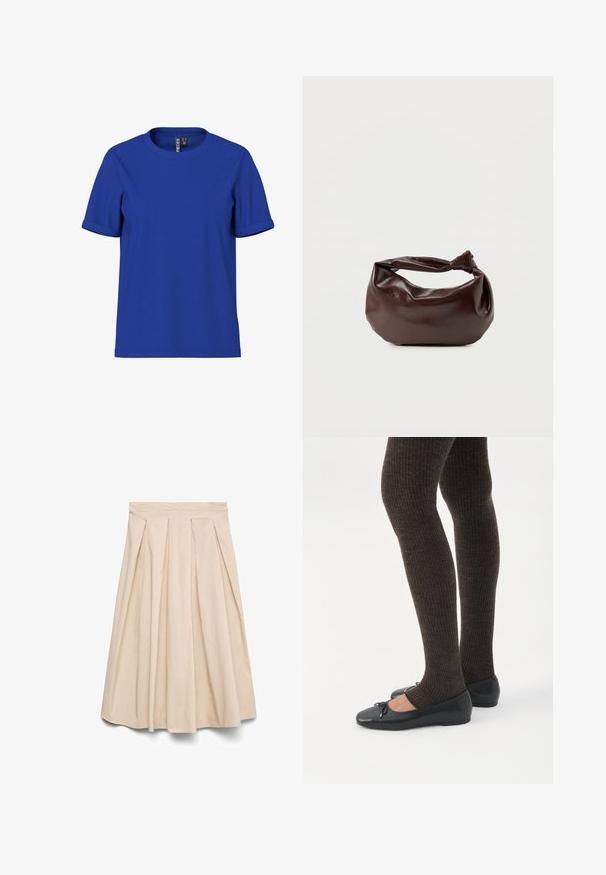 Camiseta lisa de color azul real con mangas cortas, dobladillo en las mangas y cuello redondo, mostrada sobre un fondo blanco.; Falda midi beige con cintura alta y plisados frontales, silueta acampanada y tela lisa.; Piernas con leggings oscuros acanalados combinados con bailarinas negras que presentan pequeños detalles de lazo sobre un fondo blanco.; Bolso de hombro de cuero marrón oscuro con una forma suave y caída, y un asa con nudo torcido sobre un fondo blanco liso.