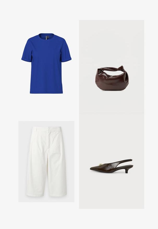 Einfaches königsblaues T-Shirt mit kurzen Ärmeln, aufgekrempelten Manschetten und rundem Ausschnitt, präsentiert vor weißem Hintergrund.; Weiße, weite, cropped Hosen mit Gürtelschlaufen, Frontreißverschluss und Seitentaschen vor einfachem Hintergrund.; Dunkelbrauner Leder-Slingback-Schuh mit spitzer Spitze, niedrigem Pfennigabsatz und goldenem rundem Ornament oben vor weißem Hintergrund.; Dunkelbraune Lederschultertasche mit weicher, lockerer Form und einem gedrehten Knotengriff vor schlichtem weißem Hintergrund.