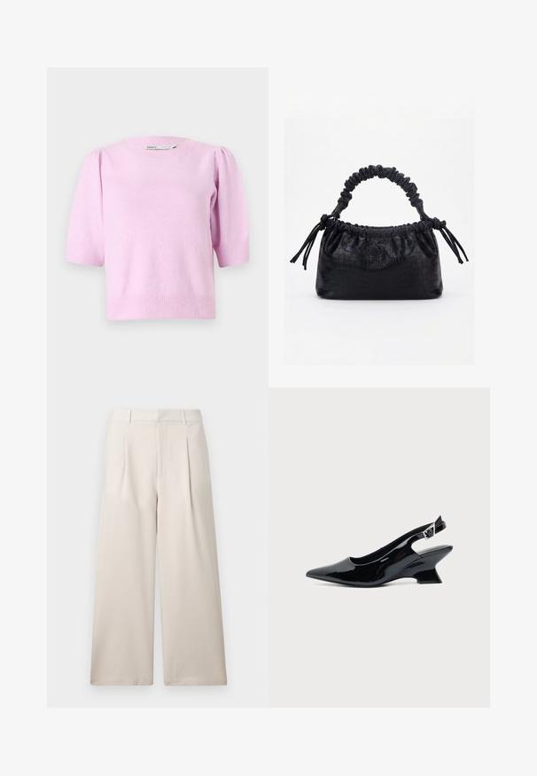 Roze short-sleeve sweater met een ronde halslijn, geribbelde manchetten en een zachte textuur, met subtiele pofdetails op de schouders.; ONLY ONLLANDO PLEAT CULOTTE PANT - Broek - pumice stone; Zwarte lakleren slingback schoen met spitse neus en lage schuine blokhak op een effen lichte achtergrond.; Zwarte handtas met krokodillenstructuur, geplooide bovenrand, samengevoerde handgreep en koordtassels aan elke kant tegen een witte achtergrond.