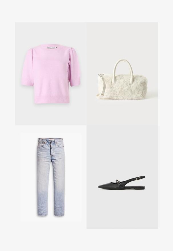 Roze short-sleeve sweater met een ronde halslijn, geribbelde manchetten en een zachte textuur, met subtiele pofdetails op de schouders.; Lichtblauwe denim jeans met een straight leg ontwerp, voorzien van een knoopgulp, vijf zakken en subtiele vervaging langs de benen.; Zwarte leren slingback schoenen met een spitse neus, voorzien van een smalle band en een zilveren gesp aan de zijkant. Platte zool.; Kleine witte handtas met een gekrulde bonttextuur, dubbele handvatten en een afneembare schouderriem tegen een effen lichte achtergrond.