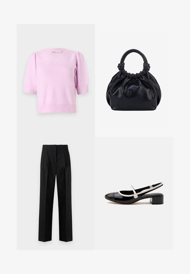 Pull court à manches courtes de couleur rose, avec un col rond, des poignets côtelés et une texture douce, agrémenté de détails légèrement bouffants aux épaules.; Pantalon noir en tissu tissé, avec une coupe sur mesure, des plis, une jambe droite et un devant plat. Texture durable et lisse.; Chaussure slingback en cuir verni noir avec bride et garniture blanches, talon bas à bloc et bout rond sur fond blanc.; Sac à main en cuir noir souple avec le dessus froncé et deux grosses poignées nouées sur un fond uni clair.