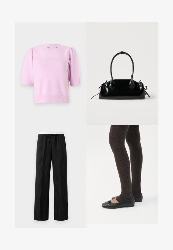 Pull court à manches courtes de couleur rose, avec un col rond, des poignets côtelés et une texture douce, agrémenté de détails légèrement bouffants aux épaules.; Pantalons larges à rayures noires avec taille élastique blanche et cordon noir à la taille.; Jambes portant des leggings côtelés foncés associés à des ballerines noires avec de petits détails en nœud sur fond blanc.; Petit sac à main noir brillant avec deux longues anses et des détails à cordon sur les côtés sur un fond clair uni.