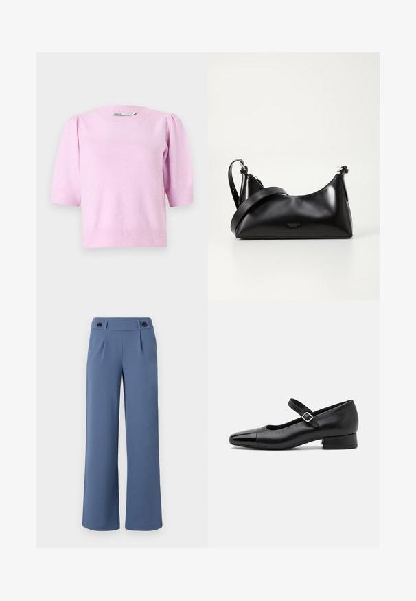 Roze short-sleeve sweater met een ronde halslijn, geribbelde manchetten en een zachte textuur, met subtiele pofdetails op de schouders.; Blauwe wijde broek gemaakt van soepele stof, met een vlakke voorkant, twee plooien en twee zwarte knopen op de tailleband.; Zwarte leren Mary Jane schoenen met een gepatenteerde neus, verstelbare enkelband en lage blokhak. Een gladde textuur en een elegante uitstraling.; Zwarte leren handtas met een gladde textuur. Beschikt over een verstelbare schouderband en een strak, minimalistisch ontwerp met een ritssluiting.