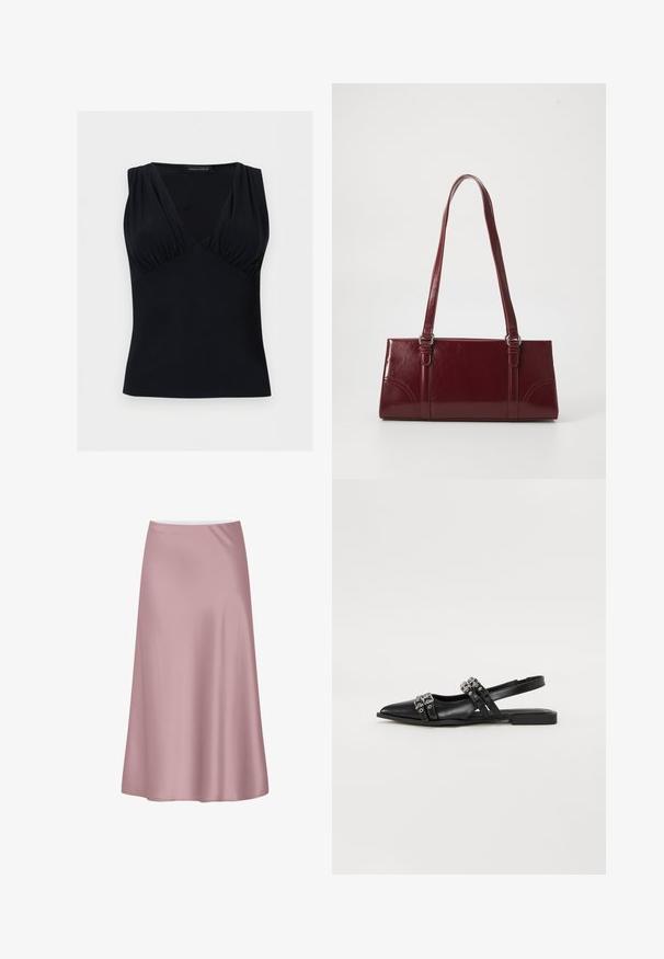Top noir sans manches avec un décolleté en V profond et un détail subtil de tissu froncé au niveau de la poitrine, fabriqué par Anna Field.; Jupe midi en satin rose doux avec une silhouette trapèze et un tissu lisse et fluide.; Even&Odd by Zalando Ballerines à brides arrière - black; Sac à main bordeaux en matériau brillant, de forme rectangulaire, avec deux anses et des accents légèrement courbés à l'avant.