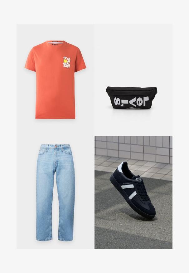 Korteærmet t-shirt i koralfarvet bomuld. Har et hvidt grafisk design med tekst og et smilende ansigt på venstre brystområde. Rund halsudskæring.; Lys blå denim jeans med lige snit, fem-lomme design og knaplukning. Glat tekstur og minimal slid, med syede detaljer.; Sort lædersneaker med hvide striber, tekstureret gummisål og snørrebånd foran. Har et brandet mærke på tungen.; Sort stoftaske med flad form, prydet med fed hvid tekst. Lynlåsen er placeret øverst, med en løkke detalje på den ene side.
