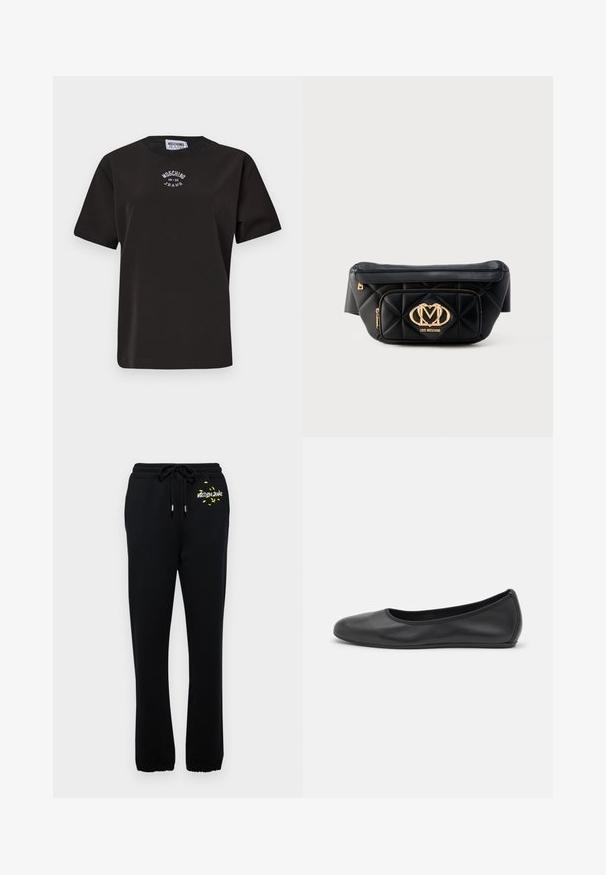 Čierne bavlnené tričko s krátkymi rukávmi, s okrúhlym výstrihom a bielym vyšívaným logom "Moschino Jeans" na hrudi.; Čierne tepláky s elastickým pásom a šnúrkou, s malou žltou grafikou, elastické manžety na členkoch.; Čierne kožené baleríny s okrúhlou špičkou, hladkým povrchom, minimálnym prešívaním a flexibilným dizajnom podrážky.; Čierna prešívaná kožená ľadvinka s pozlátenou logovou platničkou Love Moschino a predným zipsovým vreckom na bielom pozadí.