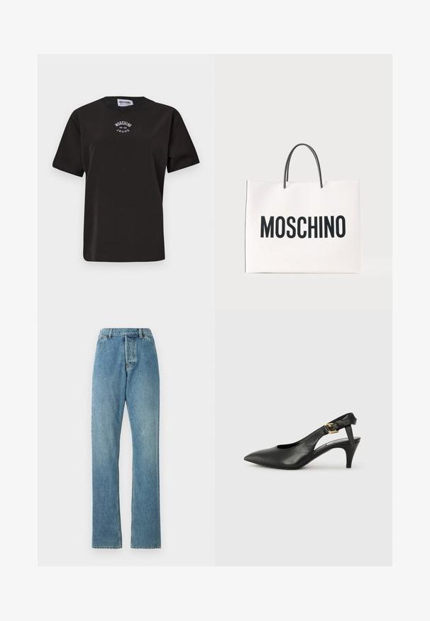 Must mustreest rikaste shirt, lühikeste varrukatega, ümmarguse kaelusega ja rinnal valge brodüüriga logo "Moschino Jeans".; Heledad sinine denimsinised püksid sirge lõikega, viie taskuga stiil ja nähtav vöökoht. Tekstuur on veidi kulunud, kuid terviklik.; Must musträkkidega must nahast slingback-kontsaking, millel on terav nina, väike konts ja pandla detail pahkluu rihmal. Sile tekstuur, minimalistlik disain.; Valge ristkülikukujuline käekott mustade sangadega ja suur must "MOSCHINO" tekst ees ühevärvilise taustaga.