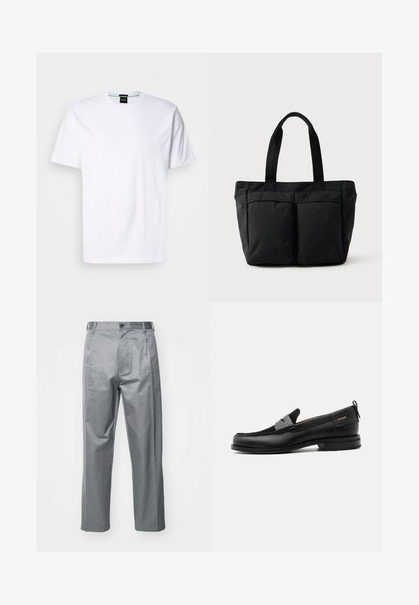 T-shirt en coton blanc avec un col rond et des manches courtes. Présente un logo subtil imprimé à l'avant dans une couleur claire. Coupe classique.; Pantalons en mélange de coton gris à coupe droite, avec une fermeture à bouton sur le devant, des passants de ceinture et des poches latérales.; Mocassin en cuir noir avec détail de bride grise, talon bas et semelle texturée, marqué "HUGO" en or sur le côté.; Sac fourre-tout noir en tissu doux, avec deux poches avant et des anses robustes. Logo affiché sur le côté. Design simple et fonctionnel.