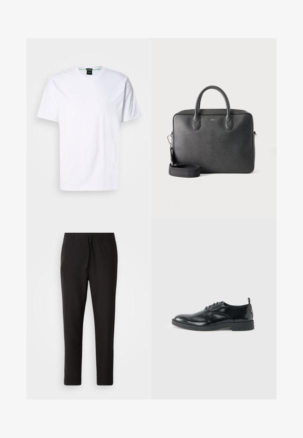 T-shirt en coton blanc avec un col rond et des manches courtes. Présente un logo subtil imprimé à l'avant dans une couleur claire. Coupe classique.; Pantalons de jogging noirs en tissu lisse. Dotés d'une taille élastique avec cordon de serrage, jambes fuselées, et sans poches visibles. Design simple.; Chaussure habillée en cuir noir brillant avec un petit talon, fermeture à lacets et bout rond, vue de côté sur un fond uni et clair.; Serviette en cuir noire avec deux poignées supérieures, bandoulière détachable et petit logo BOSS centré à l'avant sur fond uni.