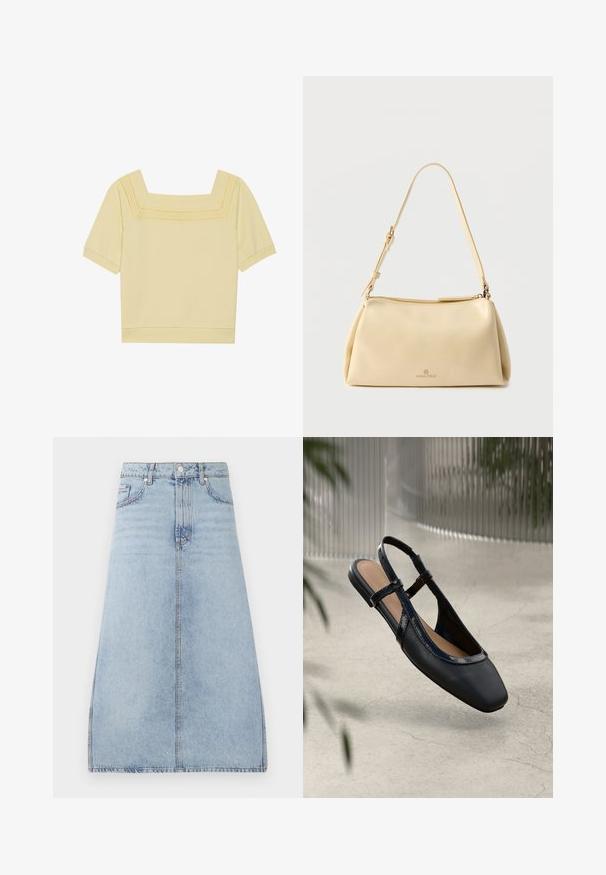 Kortærmet top med firkantet halsudskæring i lys gul bomuld, med en tekstureret strikdetalje langs halsudskæringen og en afslappet pasform.; Lyseblå denim midi-nederdel med for-trykknap og lynlås, sidelommer og bæltestropper, præsenteret på en hvid baggrund.; Sorte læder slingback flade sko med firkantet tå, prydet med en blank patenteret kant og justerbare remme for en sikker pasform.; Beige rektangulær skuldertaske med justerbar rem og lynlås, med en lille "Anna Field"-logo midt foran.
