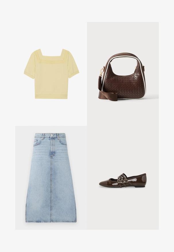 Top à manches courtes et décolleté carré en coton jaune clair, avec un détail tricoté texturé le long de l'encolure et une coupe décontractée.; Jupe midi en denim bleu clair avec fermeture à boutons et à zip à l'avant, poches latérales et passants de ceinture, présentée sur un fond blanc.; Chaussure plate en cuir verni marron avec bout pointu et trois brides ajustables à boucle sur le côté, vue du profil extérieur.; Sac à main en cuir tressé marron avec passepoil blanc, fermeture éclair dorée et bandoulière amovible en tissu marron.