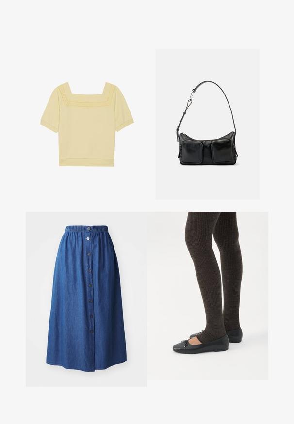 Kortærmet top med firkantet halsudskæring i lys gul bomuld, med en tekstureret strikdetalje langs halsudskæringen og en afslappet pasform.; Denim nederdel med elastisk talje, blå stof, fuld længde, front lukning med knapper og subtil tekstur. Ingen synlige mønstre eller accenter.; Ben iført mørke ribbede leggings kombineret med sorte balletsko med små sløjfedetaljer på hvid baggrund.; Sort skuldertaske i læder med justerbar rem og to store forlommer med lynlås på en ensartet lys baggrund.