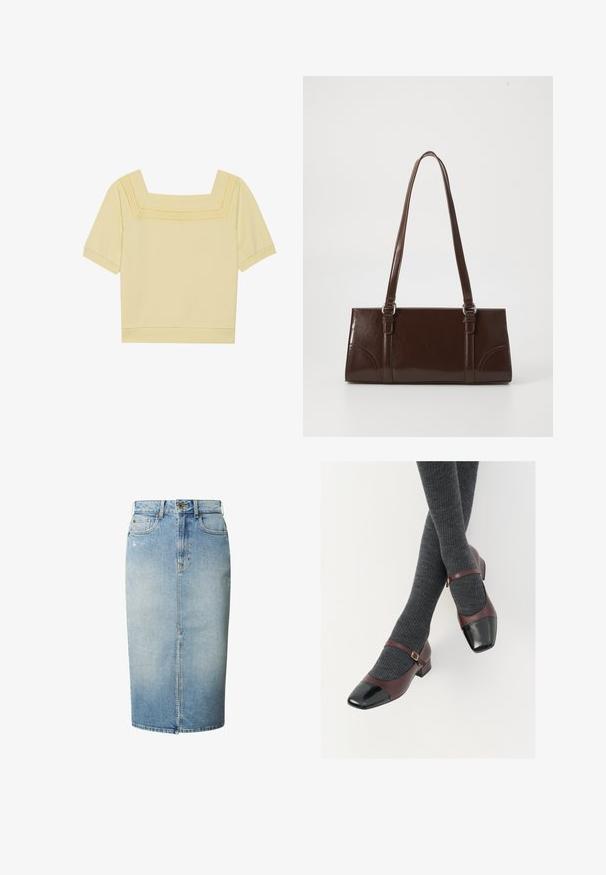 Kortærmet top med firkantet halsudskæring i lys gul bomuld, med en tekstureret strikdetalje langs halsudskæringen og en afslappet pasform.; Lyseblå denim blyantskørt med frontslids, bæltestropper, knaplukning og fem-lomme design.; Burgunderrøde læder Mary Jane-sko med en sort laktoej og tynd ankelrem; båret med mørkegrå ribbede strømper. Lav blokhæl.; Brun lakeret håndtaske med rektangulær form, to lange håndtag og subtile buede detaljer på fronten.