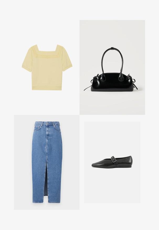 Kortærmet top med firkantet halsudskæring i lys gul bomuld, med en tekstureret strikdetalje langs halsudskæringen og en afslappet pasform.; Lyseblå denim midi-nederdel med en frontslids, klassisk fem-lomme design og lukning med topknap. Stoffet har en let struktur.; Sorte læder flade sko med spidse tæer, prydet med en metallisk spænde over vristen og en lav, fleksibel sål.; Lille sort blank håndtaske med to lange håndtag og snøre-detaljer i siden på en ensfarvet lys baggrund.