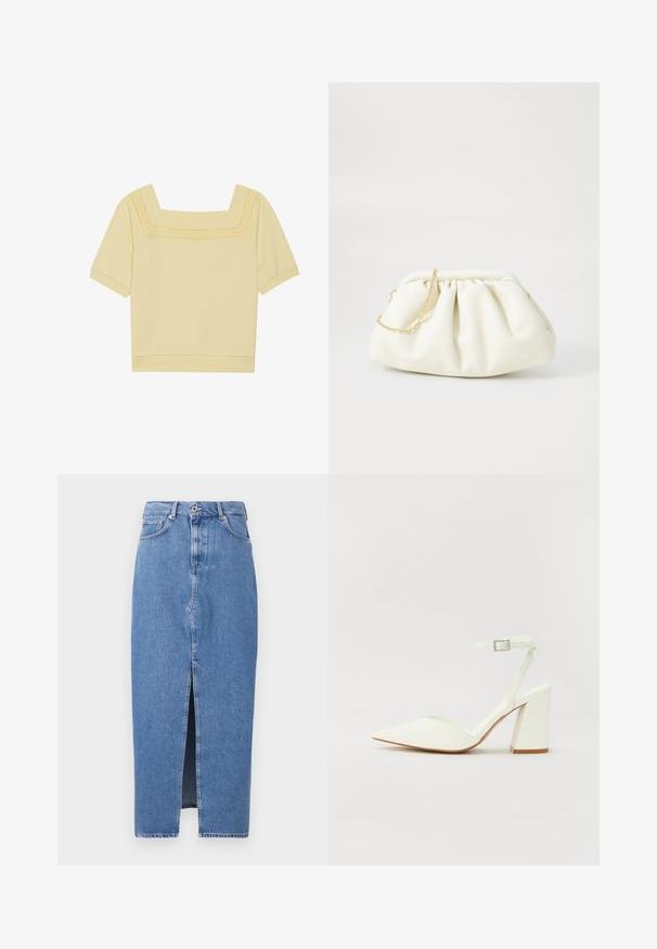 Kortærmet top med firkantet halsudskæring i lys gul bomuld, med en tekstureret strikdetalje langs halsudskæringen og en afslappet pasform.; Lyseblå denim midi-nederdel med en frontslids, klassisk fem-lomme design og lukning med topknap. Stoffet har en let struktur.; Hvide hælede sandaler med spids tå, justerbar ankelrem og en kraftig firkantet hæl. Glat tekstur med minimale syninger.; Hvid læderhåndtaske med en samlede design, forsynet med en guldkæde-strop og en rund form. Glat tekstur med bløde folder og ingen mønstre.