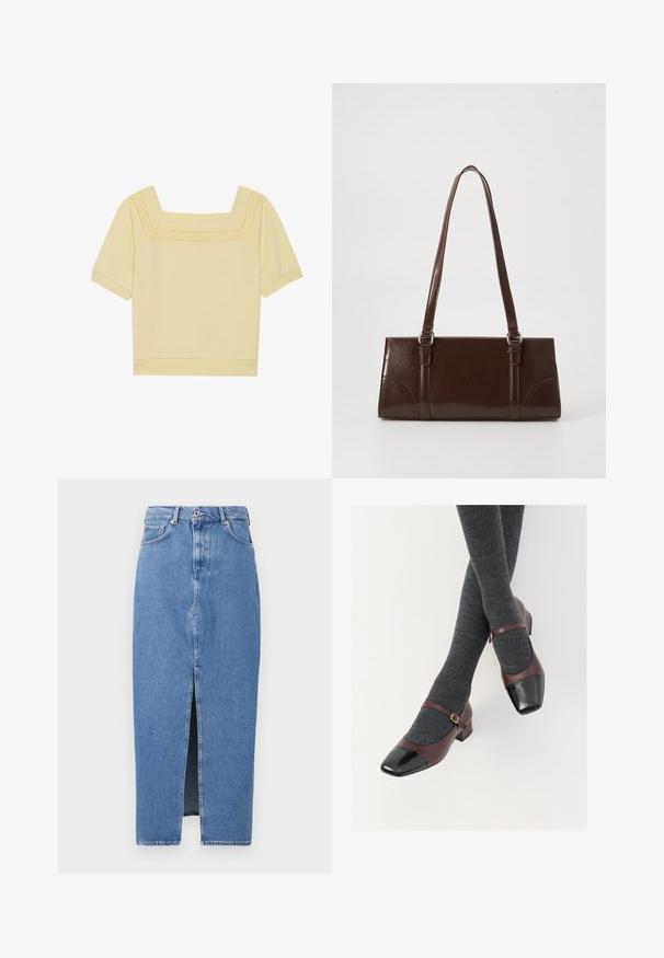 Top à manches courtes et décolleté carré en coton jaune clair, avec un détail tricoté texturé le long de l'encolure et une coupe décontractée.; Jupe midi en denim bleu clair avec une fente avant, design classique à cinq poches et fermeture par bouton supérieur. Le tissu présente une légère texture.; Chaussures Mary Jane en cuir bordeaux avec un contrefort en verni noir et une fine sangle à la cheville ; portées avec des chaussettes côtelées gris foncé. Talon carré bas.; Sac à main en cuir verni marron de forme rectangulaire, avec deux longues poignées et des accents courbés subtils à l'avant.