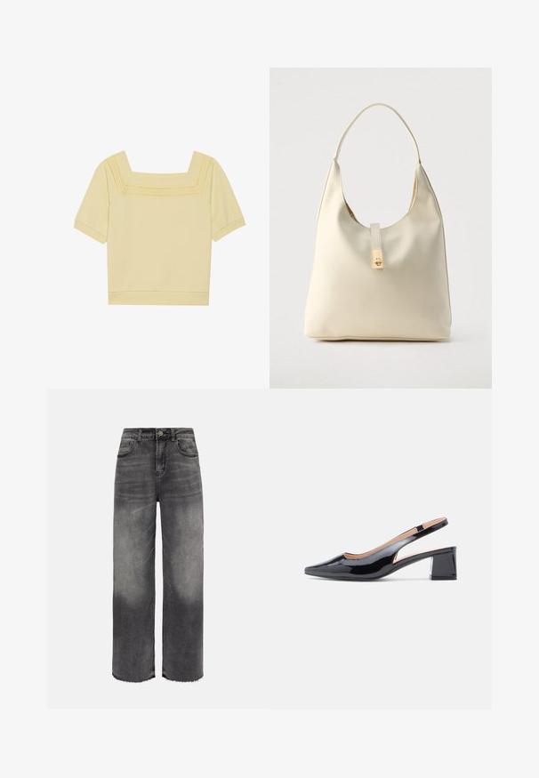 Kortærmet top med firkantet halsudskæring i lys gul bomuld, med en tekstureret strikdetalje langs halsudskæringen og en afslappet pasform.; Sorte denimjeans med straight fit, høj talje, frontknapper og lynlås, lommer foran og bagpå samt rå kantdetaljer.; Sort laklæder slingback-sko med hæl, spids tå og robust blokhæl, med udskæringsdetalje på siderne.; Hobo-taske i cremefarvet læder med en enkelt skulderrem, glat tekstur og et guldfarvet spænde foran.