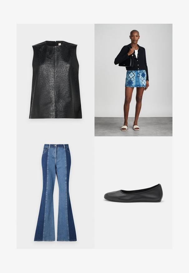 Schwarzes, ärmelloses Oberteil aus Leder mit glatter Oberfläche und gepunkteter Struktur. Mit rundem Ausschnitt und einem zentralen Rückenzipper.; Flared Jeans mit einem zweifarbigen Design aus dunklen und hellblauen Denim-Panels, einem vorderen Knopfverschluss und klassischem Taschenstil.; Schwarze Leder-Ballettschuhe mit abgerundeter Spitze, glatter Textur, minimalen Nähdetails und einem flexiblen Sohlen-Design.; Schwarze Strickjacke, weißes Oberteil, Jeansrock mit blauem und schwarzem Diamantenmuster, schwarze Handtasche und beige Rutschsandalen.