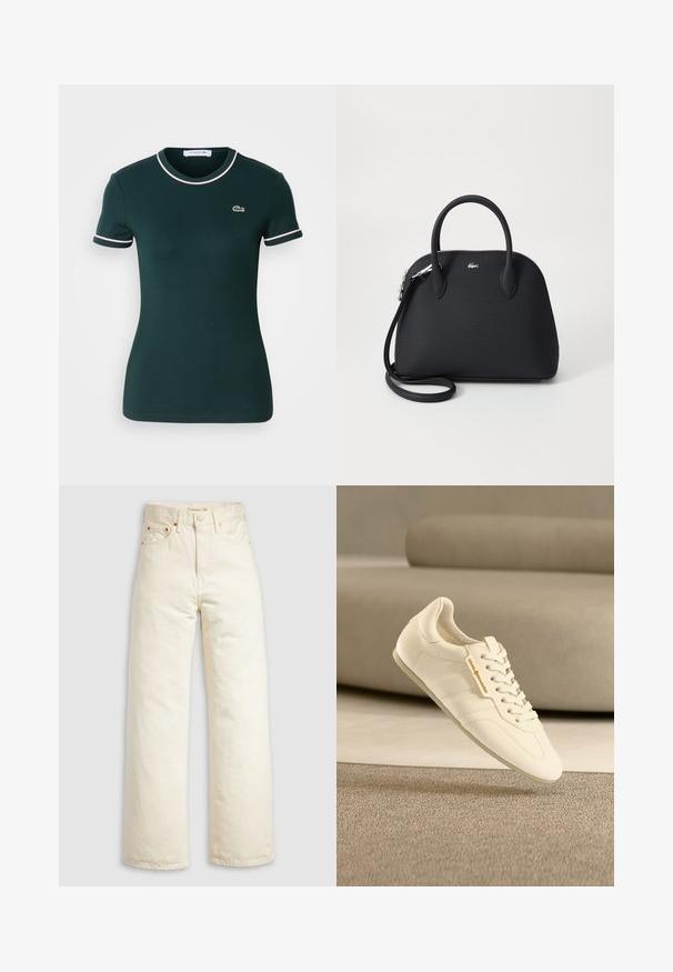 Mørkegrøn kortærmet t-shirt, figursyet design, med hvid kant omkring kraven og ærmerne, og med et lille Lacoste-logo på brystet.; Vidbenede jeans i offwhite denim med høj talje, kobbernitter og klassisk design med fem lommer. Struktureret stof med rene kanter.; Lysebeige lædersneaker med tekstureret finish, flade snørebånd og diskret branding, med en strømlinet design og minimalistisk silhuet.; Sort håndtaske lavet af tekstureret materiale, med to top håndtag og en aftagelig skulderrem, prydet med et sølv logo.