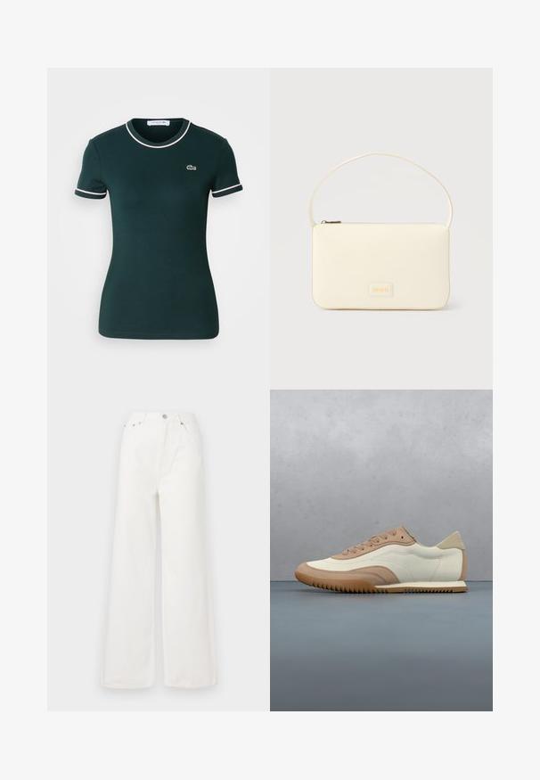 Mørkegrøn kortærmet t-shirt, figursyet design, med hvid kant omkring kraven og ærmerne, og med et lille Lacoste-logo på brystet.; Hvide højtaljede brede jeans lavet af denim. Har frontlommer, knaplukning og afrivede kantdetaljer.; Sneaker i creme og beige med tekstureret overdel, snørebånd og gummisål, vist oven på en træoverflade med småsten.; Kremfarvet rektangulær håndtaske med en enkelt rem og lynlås øverst, med en lille præget logo-plakette foran.