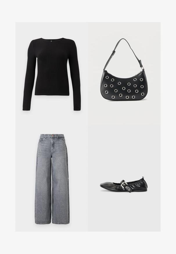 Sort ribbet langærmet top med rund halsudskæring og tætsiddende silhuet. Stoffet ser blødt og tekstureret ud med en subtil stræk.; Bredde ben denim jeans i en falmet grå vask, med fem lommer, en knaplukning og en blød tekstur med subtile fældningsdetaljer.; Sorte læder flade sko med spids tå, samling detaljer omkring åbningen, og en sølv spænde accent på den justerbare rem.; Sort læder skuldertaske med justerbar rem, dekoreret med sølvfarvede metalnitter og lukning med øverste lynlås.