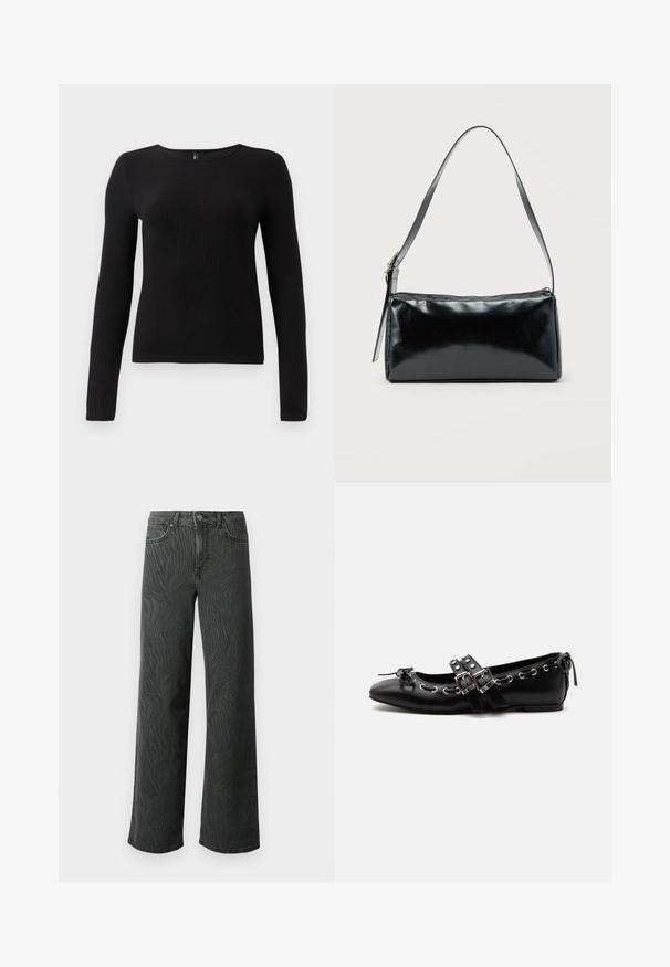 Sort ribbet langærmet top med rund halsudskæring og tætsiddende silhuet. Stoffet ser blødt og tekstureret ud med en subtil stræk.; Bredde ben jeans i mørkegrå denim med en subtil zebra-mønster tekstur, kontrastsyninger og fem lomme design med en knap zip.; Sort flad balletsko med dobbelt spænde, sølvøjer og en lille sløjfe nær den runde tå på en hvid baggrund.; Sort rektangulær skuldertaske med en enkelt justerbar rem og lynlås i toppen på en ensfarvet baggrund.