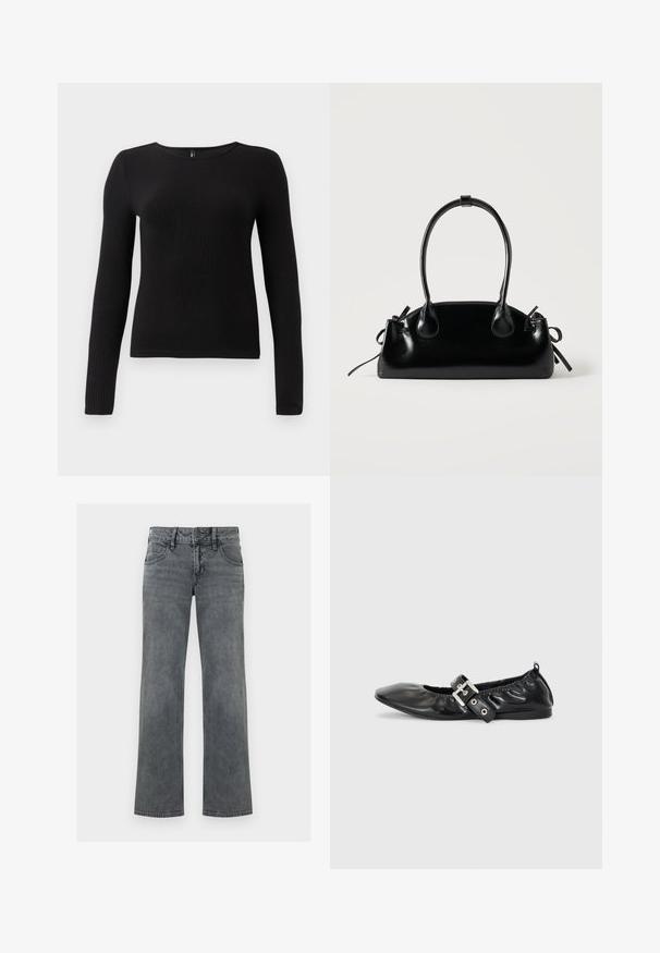 Zwarte geribbelde langemouwen top met een ronde halslijn en een aansluitende silhouet. De stof lijkt zacht en tekstuurlijk met een subtiele stretch.; Grijze denimjeans met rechte pijpen, voorzien van knopen aan de voorkant, rits en vijfzakken, afgebeeld tegen een witte achtergrond.; Zwarte leren platte schoen met een spitse neus, geplooide details rond de opening en een zilveren gespaccentueerde verstelbare band.; Kleine zwarte glanzende handtas met twee lange hengsels en zijkant trekkoord details op een effen lichte achtergrond.