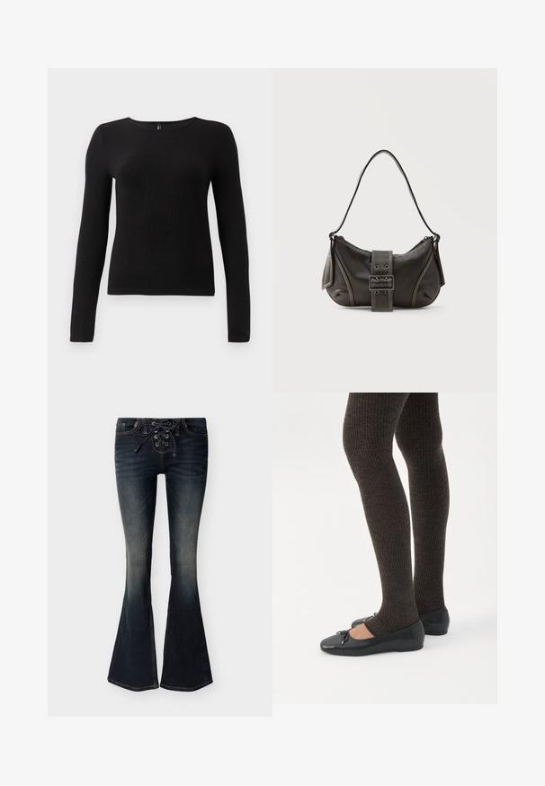 Zwarte geribbelde langemouwen top met een ronde halslijn en een aansluitende silhouet. De stof lijkt zacht en tekstuurlijk met een subtiele stretch.; Donkergewassen denim flare jeans met vetersluiting aan de voorkant en subtiele vervaging op de dijen en knieën.; Benen met donkere geribbelde leggings gecombineerd met zwarte ballerina's met kleine strikdetails op een witte achtergrond.; Zwarte leren schoudertas met gespsluiting aan de riem, afgeronde hoeken en contrasterende witte stiksels op een effen achtergrond.