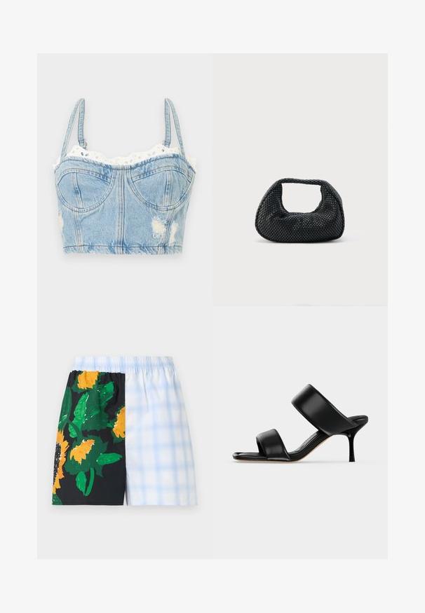 Top bustier court en denim bleu avec bretelles réglables, bonnets à armatures, bords effilochés et bordure en dentelle blanche à œillets le long du décolleté.; Shorts à taille élastique avec design fendu : un côté noir avec de grandes tournesols jaunes et des feuilles vertes, l'autre côté à carreaux bleu clair et blanc.; Sandale mule en cuir noir avec deux larges brides et un talon stiletto fin de hauteur moyenne sur un fond clair uni.; Sac hobo tissé noir avec une structure souple et une poignée intégrée, présenté sur un fond clair uni.