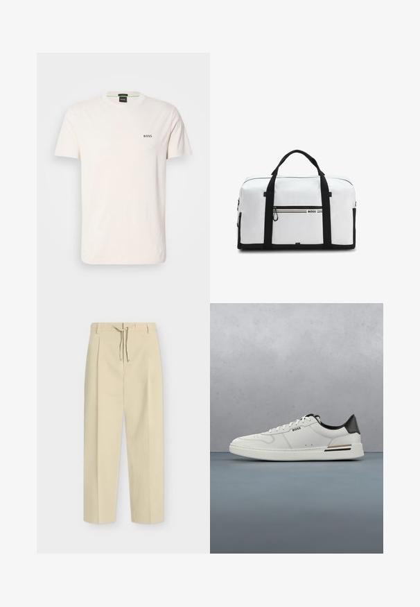 Katoenen T-shirt in off-white met een ronde hals. Heeft een klein zwart "BOSS" logo op de borst. Regular fit en korte mouwen.; Beige broek met rechte pijpen, riemlussen en een strik aan de voorkant, met een strak, op maat gemaakt ontwerp en gestructureerde stof.; Witte lage sneaker met zwarte hiel, vetersluiting, subtiele perforaties en het "BOSS" logo aan de zijkant, getoond vanuit het zijprofiel.; Witte en zwarte duffeltas met voorvak met rits en zwarte handvatten, voorzien van het merk "BOSS" op het ritsgedeelte van het voorvak.