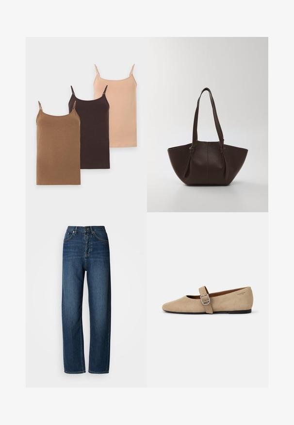 Trois camisoles fines pour femmes en beige, marron foncé et marron clair avec bretelles réglables, présentées à plat.; Jean en denim bleu foncé à coupe décontractée, taille haute, design à cinq poches et coutures visibles. Le tissu a une texture lisse.; Ballerines en daim beige de style Mary Jane avec un bout pointu et une seule sangle réglable dotée d'une boucle en métal argenté. Semelle plate noire.; Sac fourre-tout en cuir brun avec une finition texturée, grande ouverture et doubles anses arrondies ; design minimaliste sans quincaillerie visible.