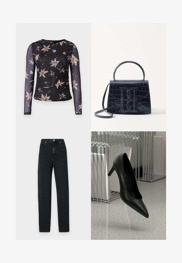 Sort langærmet top med blomsterprint i beige og creme. Har en samlet design og en lynlåslukning bagpå. Fremstillet af et gennemsigtigt, struktureret stof.; Sorte, slim-fit jeans lavet af denim. Har en høj talje, metalknaplukning, fem lommer og subtile stikninger.; Sort læder højhælet sko med spids tå og en slank hæl, sat mod en minimalistisk baggrund med metal og neutrale farver.; Sort krokodillede læderhandbag med en struktureret design, top-håndtag, justerbar rem og et fremtrædende frontlogo.