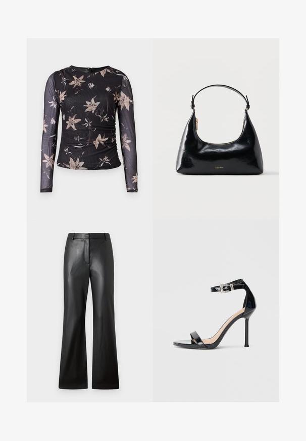 Top negro de manga larga con estampado floral en beige y crema. Presenta un diseño recogido y cierre con cremallera en la parte posterior. Confeccionado en una tela transparente y texturizada.; Pantalones de cuero negro con una textura suave, diseño de pierna ancha y una cinturilla de altura media que presenta trabillas para cinturón y bolsillos frontales.; Sandalia de tacón alto en piel sintética negra con correa en el tobillo. Presenta un diseño minimalista, punta abierta y una hebilla con detalles de pedrería.; Bolso negro brillante de Calvin Klein con cremallera dorada y correa corta sobre un fondo blanco liso.