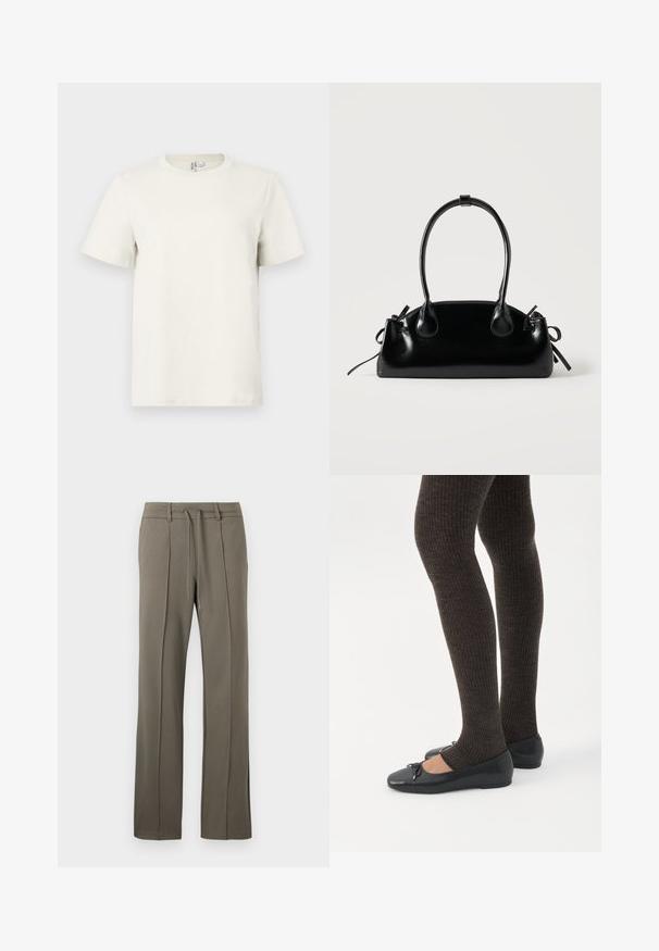 T-shirt en coton beige clair avec col rond, manches courtes et coupe régulière. Texture lisse et design minimaliste sans motifs ni accents.; Pantalons kaki avec une coupe droite, taille à cordon de serrage et deux plis sur le devant. Fabriqués dans un tissu doux et texturé.; Jambes portant des leggings côtelés foncés associés à des ballerines noires avec de petits détails en nœud sur fond blanc.; Petit sac à main noir brillant avec deux longues anses et des détails à cordon sur les côtés sur un fond clair uni.