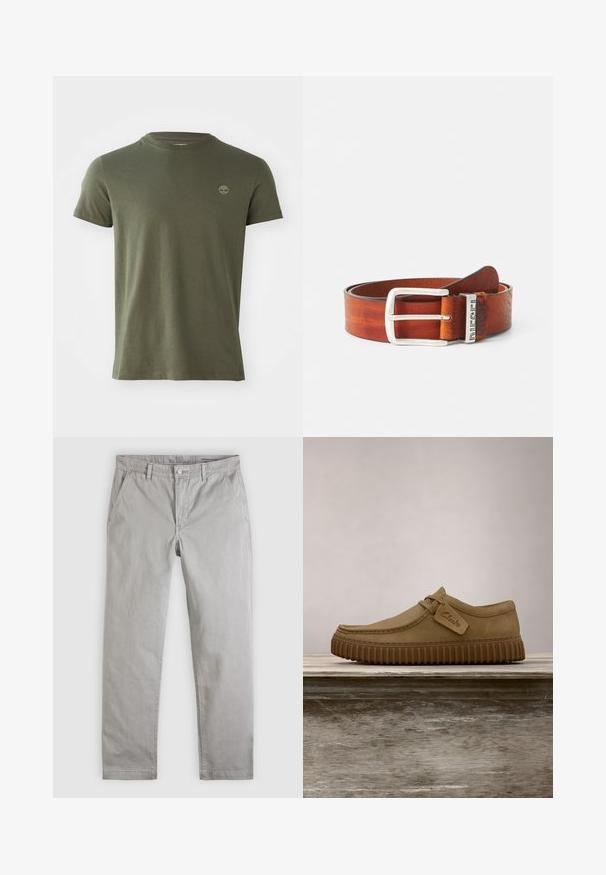 Olijf groene katoenen t-shirt met een ronde hals, korte mouwen en een klein geborduurd logo op de borst. Soepele textuur, klassieke pasvorm.; Lichtgrijze chino's van katoen, met een recht model, voorzakken en een knoopsluiting met een minimalistisch label aan de taille.; Lichtbruine suède schoenen met een ronde neus, gestikte details en een geribbeld bruine rubberen zool. Bevat een zijlabel met het "Clarks" logo.; Bruine leren riem met een zilveren metalen gesp. Heeft een gestructureerde afwerking en een gegraveerd logo op de riemhouder. De breedte is standaard voor riemen.