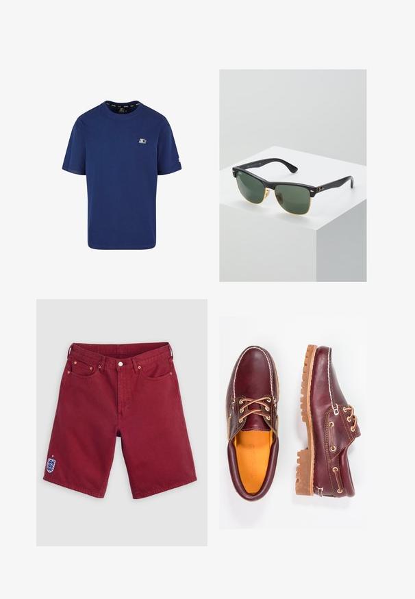 Marineblauwe t-shirt van katoen; korte mouwen; ronde hals; voorzien van een klein logo op de linkerborst en een accent op de mouw.; Bordeauxrode denim short met voorzakken, riemlussen, knoopsluiting en een klein geborduurd Engels voetbalembleem op het onderbeen links.; Bordeaux leren schoenen met bruine rubberen zolen, ronde neus, witte stiksels en gouden veterogen. Het interieur heeft een gele voering.; Ray-Ban zonnebrillen met groene lenzen, zwarte plastic monturen en gouden accenten aan de randen. Vierkante vorm met een matte afwerking.