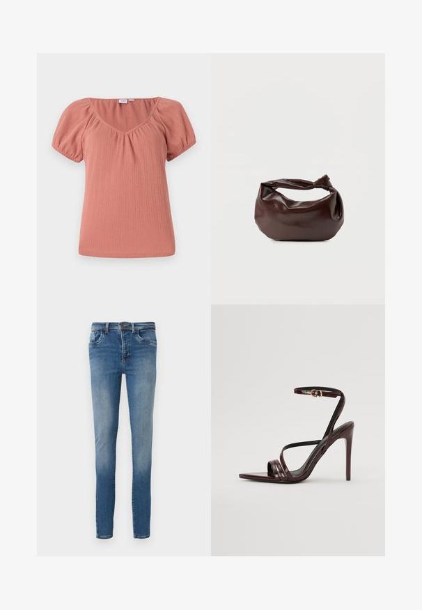 Haut rose à col en V avec des manches bouffantes. Fabriqué en tissu côtelé, avec une texture subtile et une coupe décontractée. Matériau lisse et léger.; Jean en denim bleu slim-fit avec une finition délavée, design classique à cinq poches et fermeture à bouton et zip.; Sandale à talons hauts en cuir verni bourgogne avec une bride de cheville, bout pointu et trois bandes horizontales sur le pied. Détail de boucle dorée.; Sac bandoulière en cuir marron foncé avec une forme souple et décontractée et une anse nouée torsadée sur un fond blanc uni.