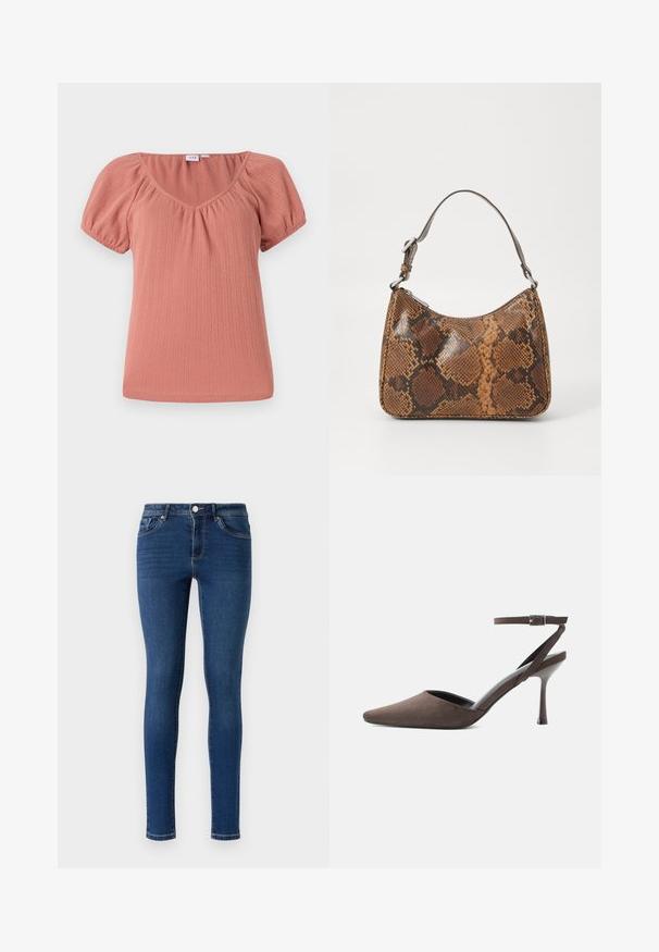 Top rosa de cuello en V con mangas abullonadas. Hecho de tela de canalé, con una textura sutil y un ajuste relajado. Material suave y ligero.; Jeans de denim ajustados en azul oscuro. Cuentan con un diseño clásico de cinco bolsillos, cierre de botón metálico y costuras sutiles a lo largo de las costuras.; Zapato de tacón alto de ante marrón con punta afilada, correa fina en el tobillo y hebilla plateada sobre fondo blanco.; Pequeño bolso de mano con un patrón de piel de serpiente marrón y negro, correa corta ajustable y cierre de cremallera.