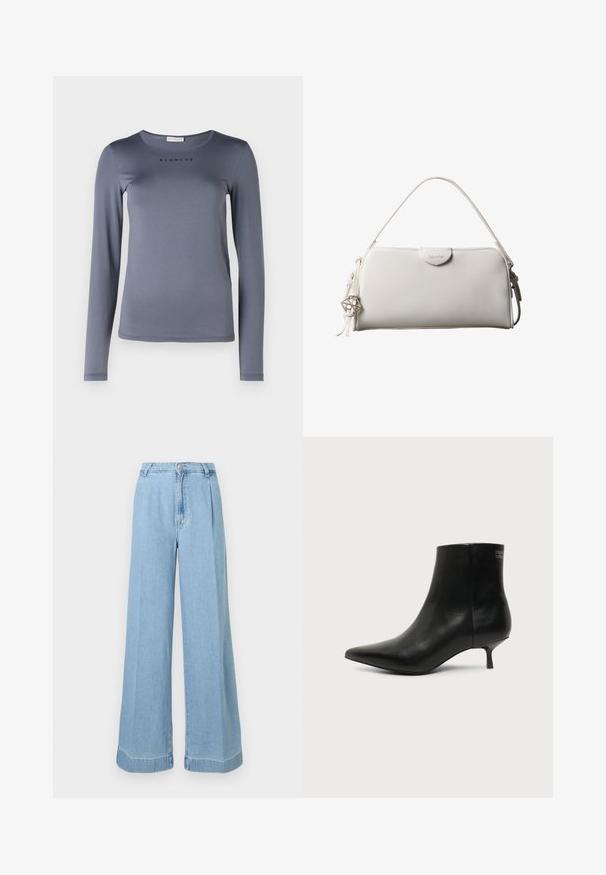 Camisa de manga larga gris, hecha de material suave, con un escote redondo y la palabra "BLANCHE" impresa en negro en el pecho.; Jeans de mezclilla de color azul claro de pierna ancha con una cintura alta, pliegues en la parte delantera y un dobladillo sin terminar para un look casual.; Botín de piel negra con puntera puntiaguda y tacón bajo estilo kitten sobre fondo claro, mostrando vista lateral exterior.; Bolso rectangular blanco de Calvin Klein con un solo asa, diseño minimalista y borlas decorativas con un charm metálico geométrico en el lateral.