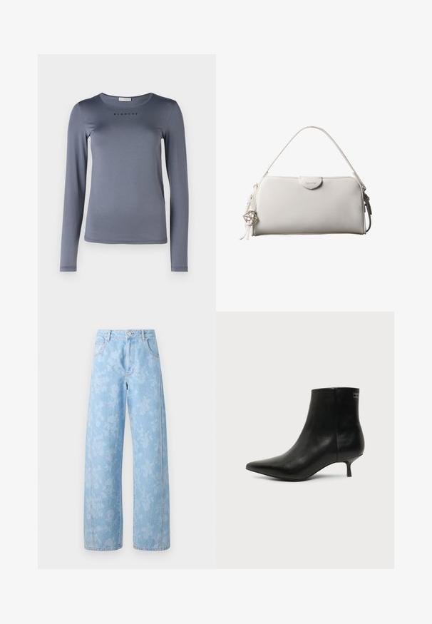 Chemise grise à manches longues en matière douce, dotée d'un col rond et du mot "BLANCHE" imprimé en noir sur la poitrine.; Mads Nørgaard ART CHRISTEL - Jean boyfriend - light denim; Bottine en cuir noir avec bout pointu et petit talon kitten sur fond clair, vue côté extérieur.; Sac à main rectangulaire blanc Calvin Klein avec une seule poignée, design minimaliste et pampilles décoratives avec un charm métallique géométrique sur le côté.
