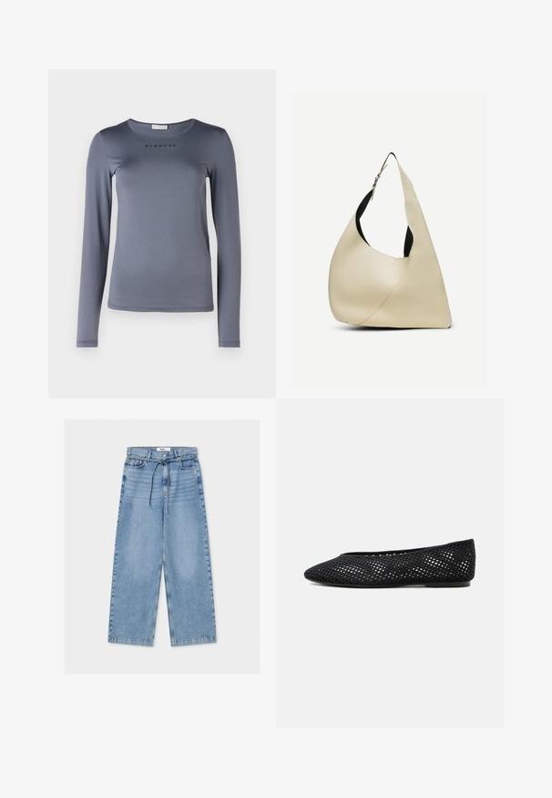 Camisa de manga larga gris, hecha de material suave, con un escote redondo y la palabra "BLANCHE" impresa en negro en el pecho.; Vaqueros de pierna ancha en azul claro con cintura alta, cierre de botón y cremallera, bolsillos delanteros y un cinturón delgado con cordón.; Zapato plano de malla negra con puntera cerrada y tacón bajo, con un diseño tejido transpirable y un logo lateral sutil.; Bolso de hombro de cuero liso color crema con forma triangular curva y correa ajustable con hebilla plateada.