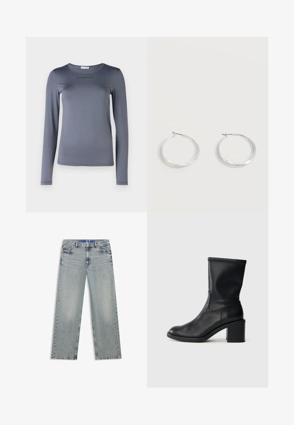 Chemise grise à manches longues en matière douce, dotée d'un col rond et du mot "BLANCHE" imprimé en noir sur la poitrine.; Jean large bleu clair en denim, avec des zones délavées, cinq poches et une ceinture bleue à logo.; Botte en cuir noir à cheville avec un bout rond, texture lisse et un talon épais, présentant un tige ajustée et un subtil détail de couture.; Boucles d’oreilles créoles en métal argenté avec une surface lisse légèrement incurvée et des fermoirs à clapet sur un fond blanc uni.