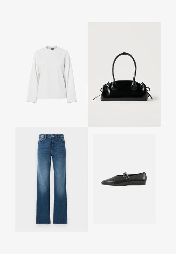 Weißes Sweatshirt mit langen Ärmeln, runder Ausschnitt, lockerer Passform und weicher Textur. Keine sichtbaren Muster oder Hardware-Details.; Blaue Jeans aus Denim mit geradem Bein, fünf Taschen, leichter Ausbleichung, Knopfverschluss und kontrastierenden Nähdetails.; Schwarze Lederflachschuhe mit spitzem Zehenbereich, ausgestattet mit einem metallischen Riemen über dem Spann und einer niedrigen, flexiblen Sohle.; Kleine schwarze glänzende Handtasche mit zwei langen Griffen und seitlichen Kordelzug-Details vor einfachem hellem Hintergrund.