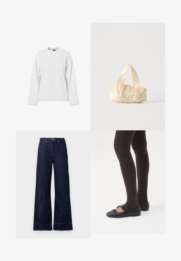 Sweatshirt blanc à manches longues avec un col rond, coupe décontractée et texture douce. Aucun motif visible ni détail matériel.; Jean large bleu foncé en denim. Caractéristiques : fermeture par bouton, détails de couture et poches latérales. Ourlet évasé en bas.; Jambes portant des leggings côtelés foncés associés à des ballerines noires avec de petits détails en nœud sur fond blanc.; Sac à main en tissu texturé couleur crème avec des anses sur le dessus et un petit nœud noué au centre devant.